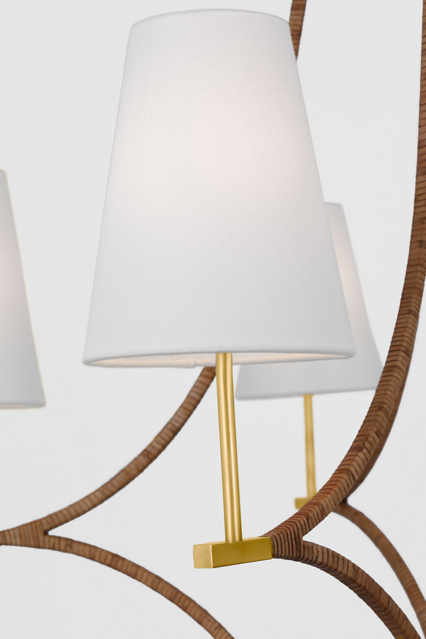 Biscayne Extra Large Wrapped Chandelier | Antique-Burnished Brass and Natural Rattan | Linen Shades