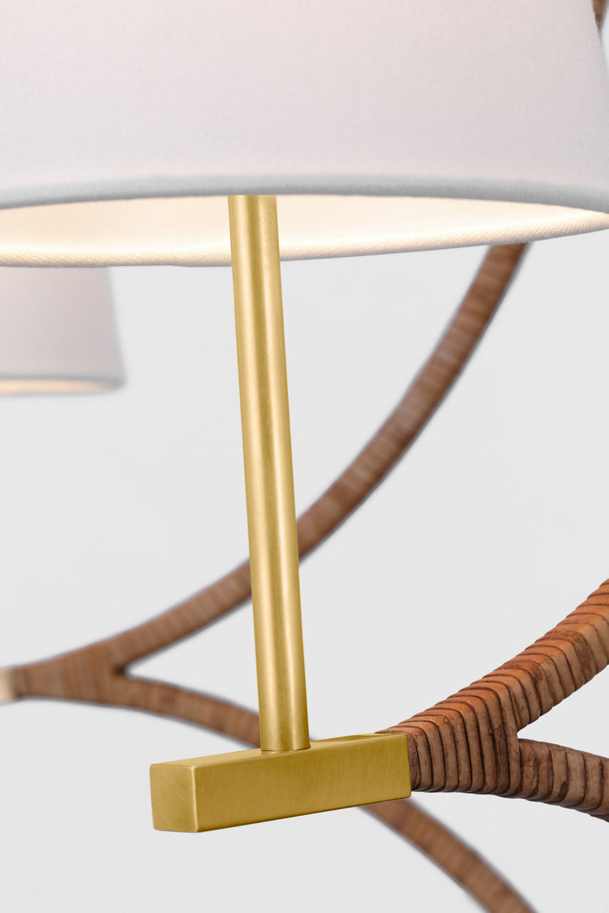 Biscayne Extra Large Wrapped Chandelier | Antique-Burnished Brass and Natural Rattan | Linen Shades