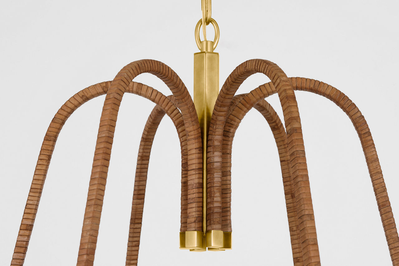 Biscayne Extra Large Wrapped Chandelier | Antique-Burnished Brass and Natural Rattan | Linen Shades