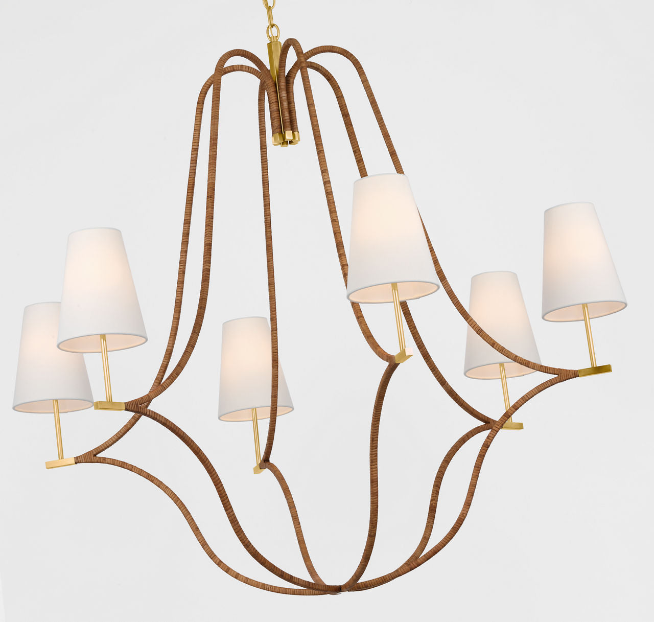 Biscayne Extra Large Wrapped Chandelier | Antique-Burnished Brass and Natural Rattan | Linen Shades