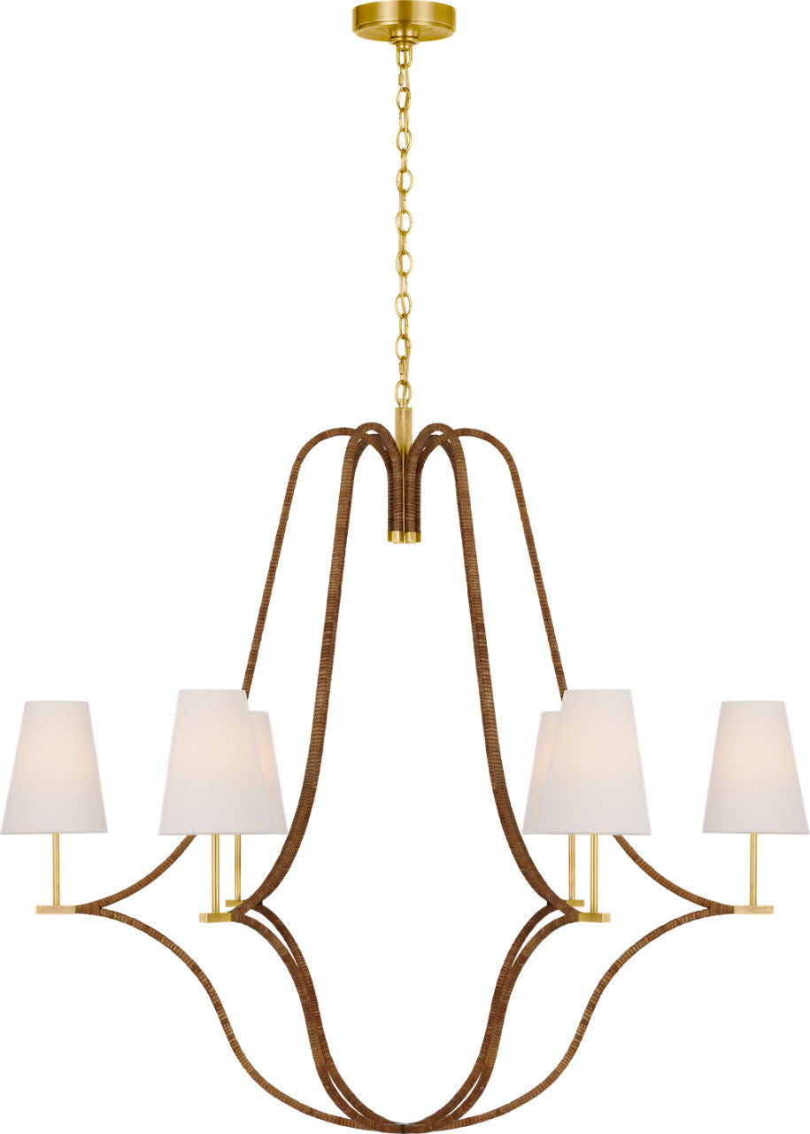 Biscayne Extra Large Wrapped Chandelier | Antique-Burnished Brass and Natural Rattan | Linen Shades