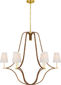 Biscayne Extra Large Wrapped Chandelier | Antique-Burnished Brass and Natural Rattan | Linen Shades
