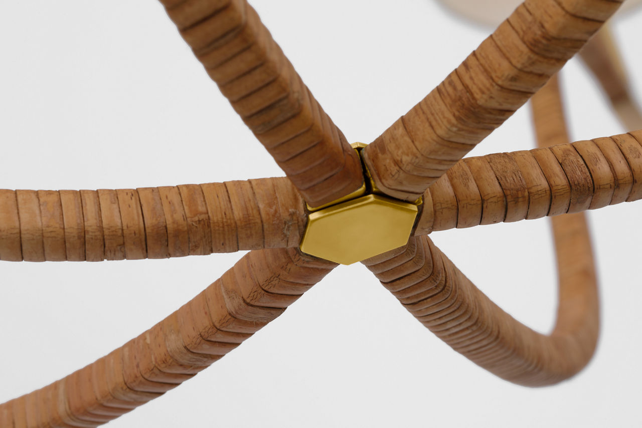 Biscayne Extra Large Wrapped Chandelier | Antique-Burnished Brass and Natural Rattan | Linen Shades