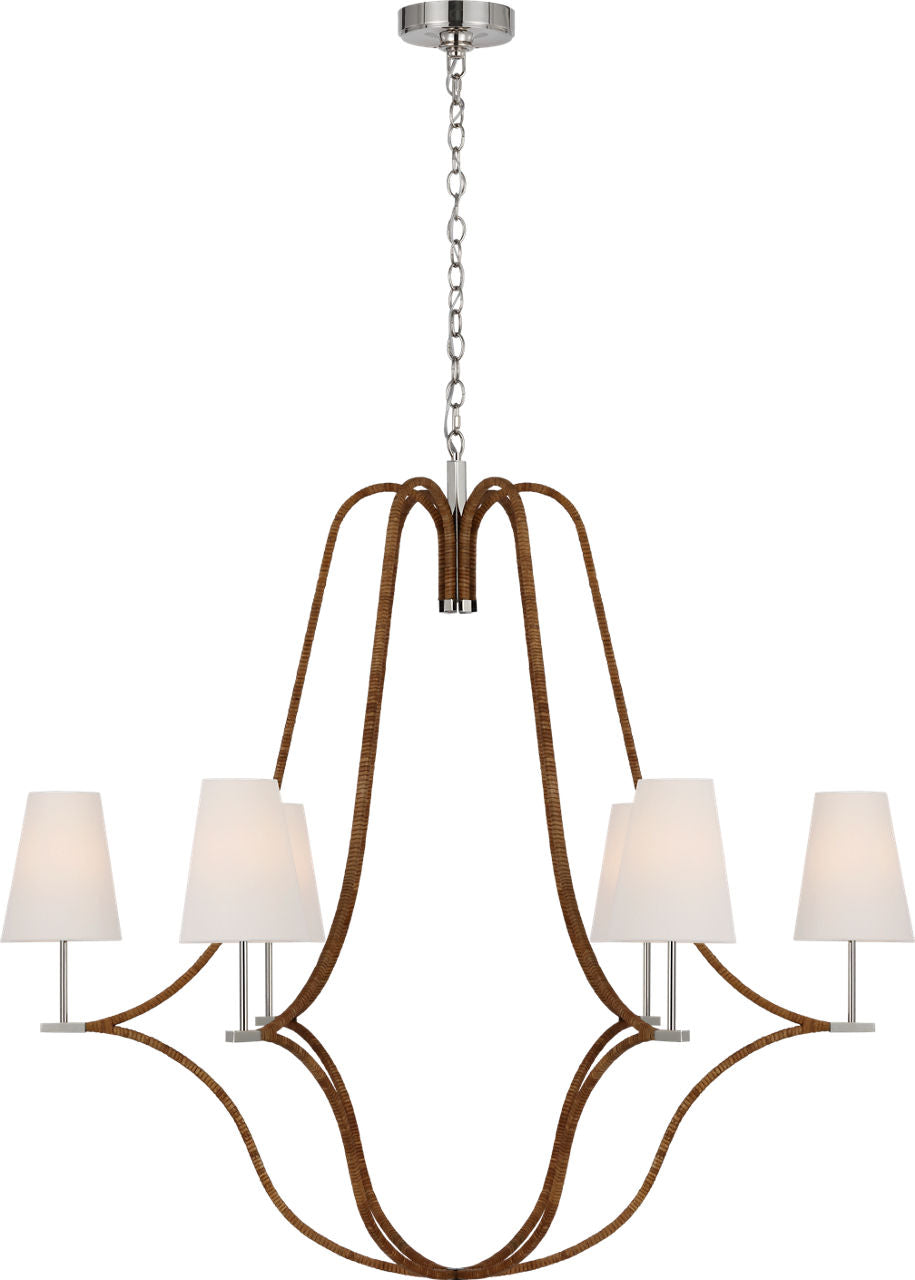 Biscayne Extra Large Wrapped Chandelier | Polished Nickel and Natural Rattan | Linen Shades