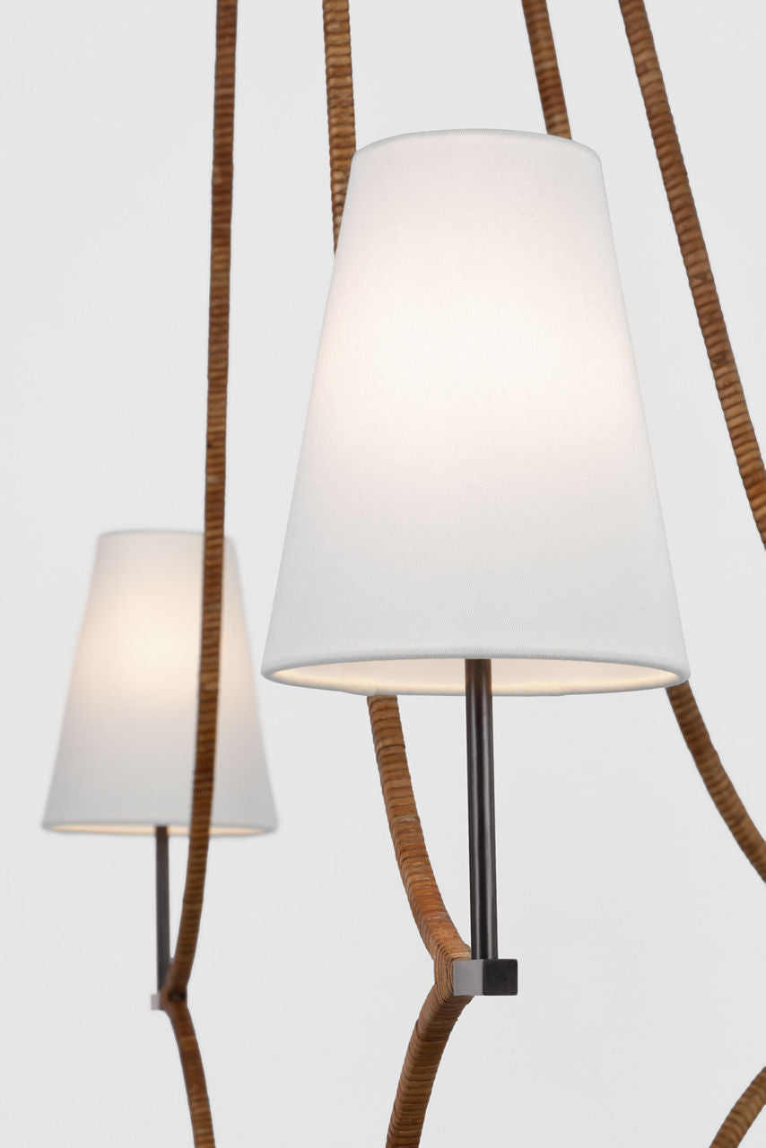 Biscayne Extra Large Wrapped Chandelier | Bronze and Natural Rattan | Linen Shades
