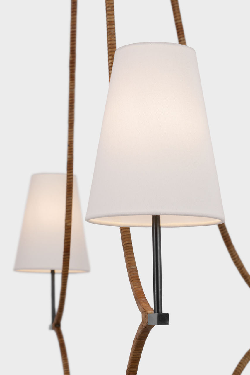 Biscayne Extra Large Wrapped Chandelier | Bronze and Natural Rattan | Linen Shades