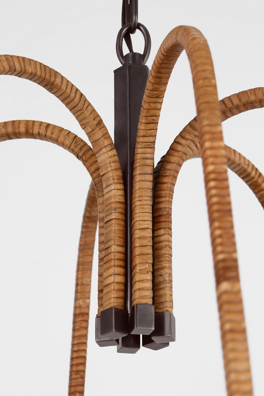 Biscayne Extra Large Wrapped Chandelier | Bronze and Natural Rattan | Linen Shades