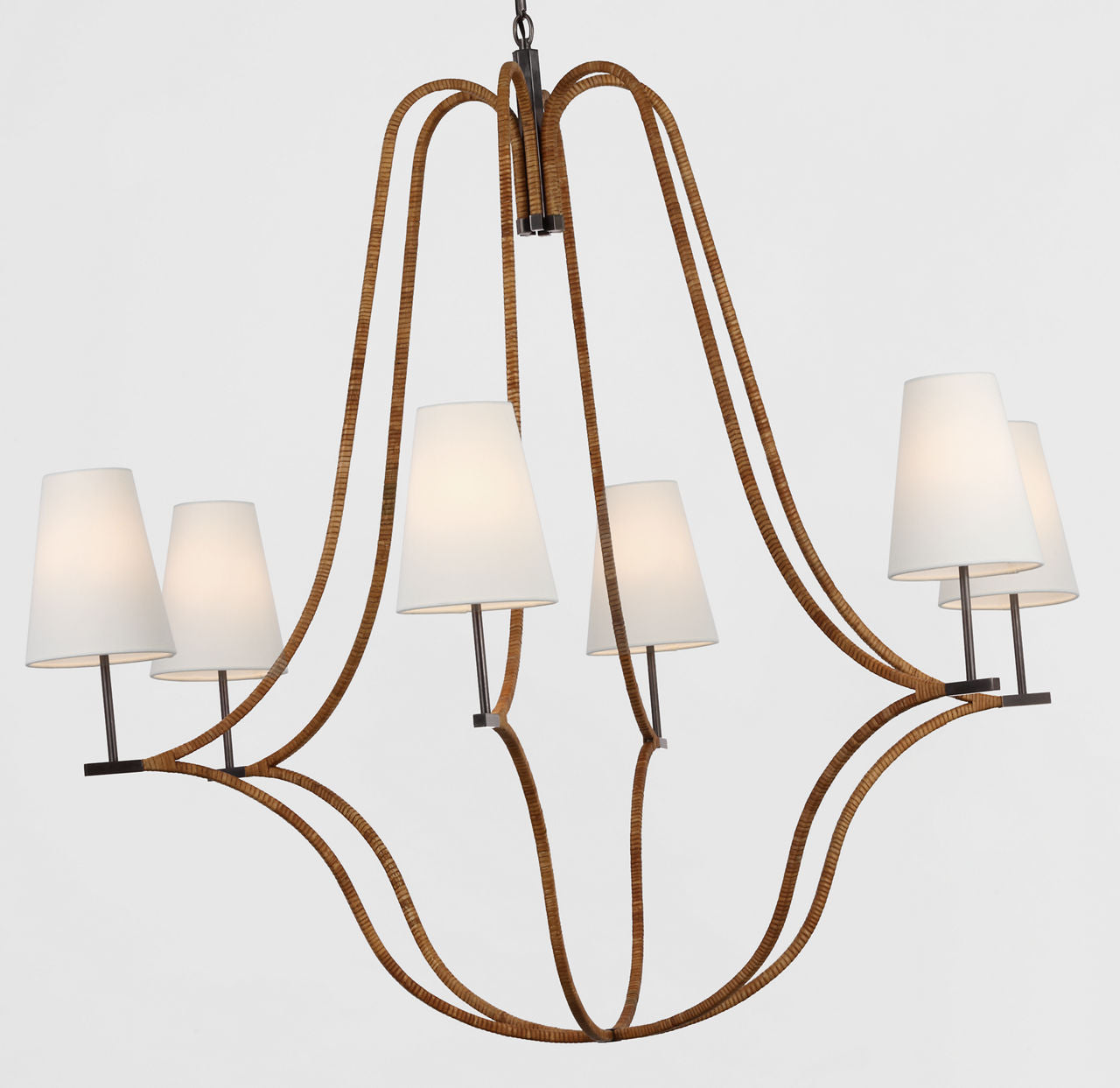 Biscayne Extra Large Wrapped Chandelier | Bronze and Natural Rattan | Linen Shades