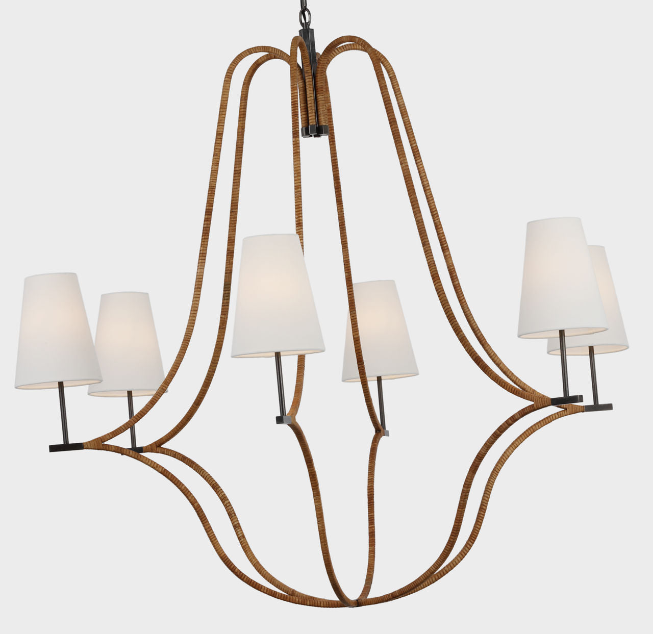 Biscayne Extra Large Wrapped Chandelier | Bronze and Natural Rattan | Linen Shades