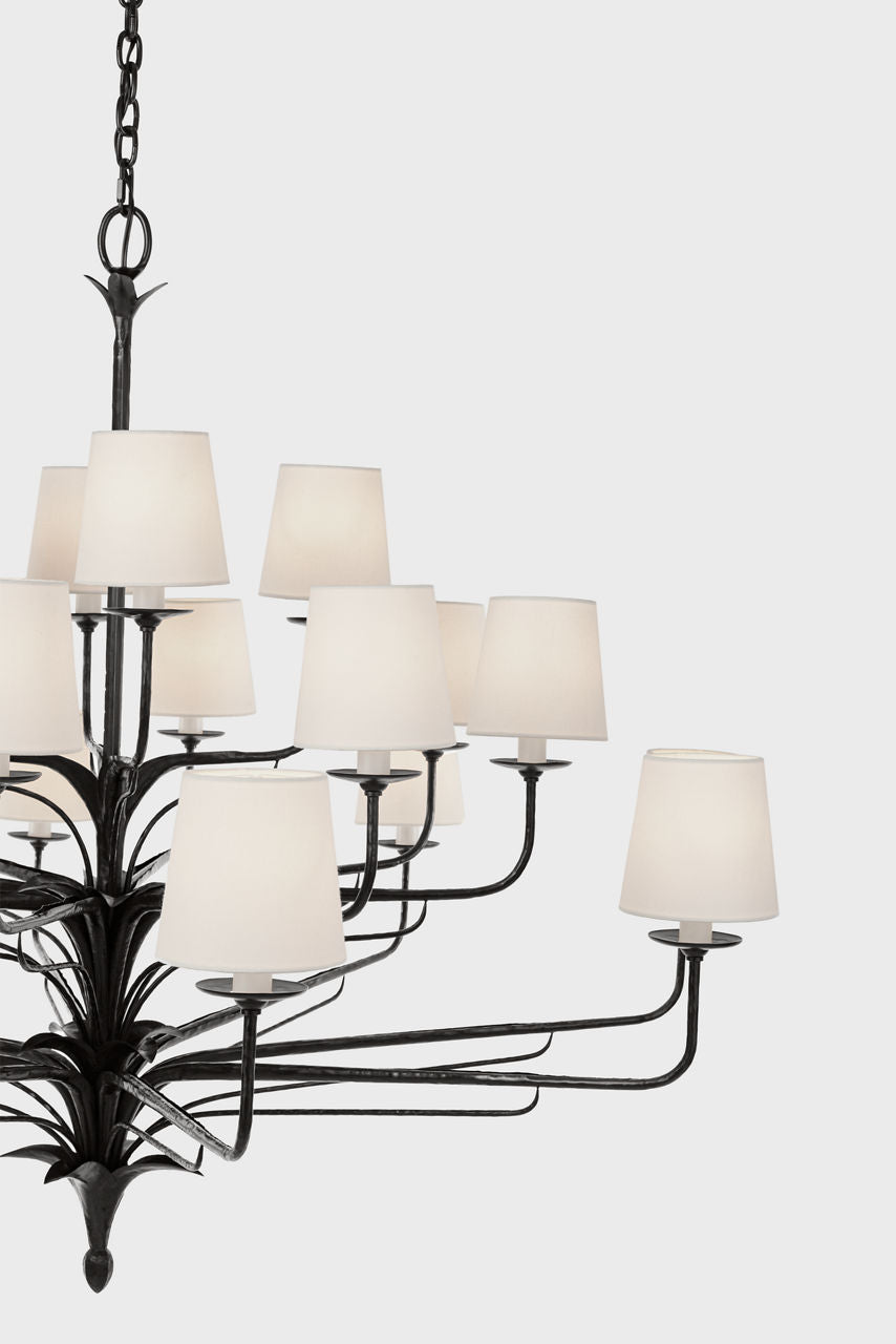 Amalfi 50" Three-Tiered Chandelier | Waxed Black | Linen Shades