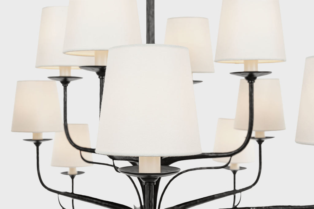 Amalfi 50" Three-Tiered Chandelier | Waxed Black | Linen Shades