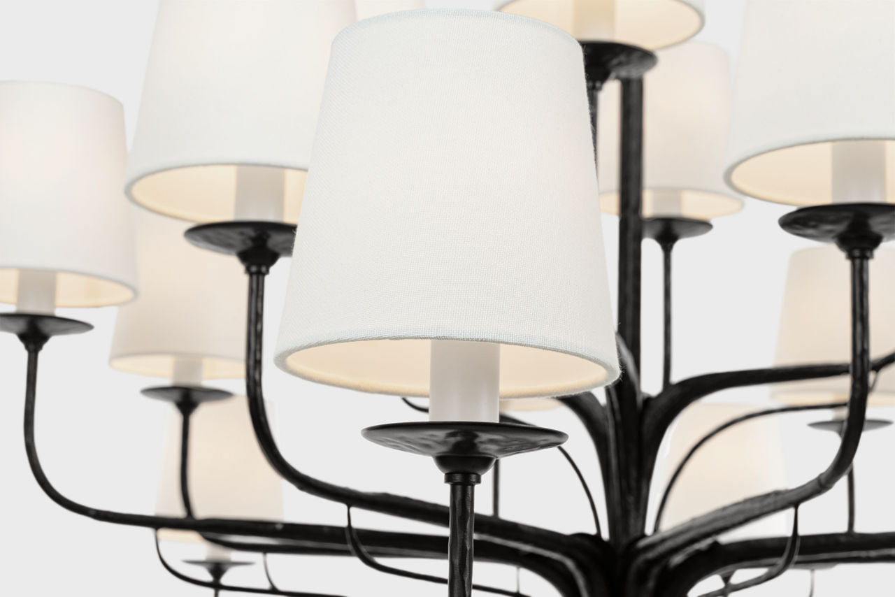 Amalfi 50" Three-Tiered Chandelier | Waxed Black | Linen Shades