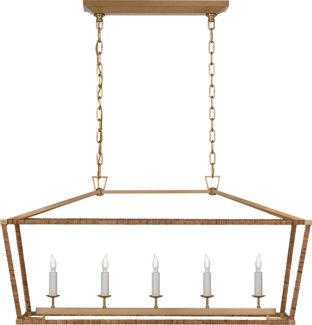 Darlana Medium Rattan Wrapped Linear Lantern | Antique-Burnished Brass and Natural Rattan