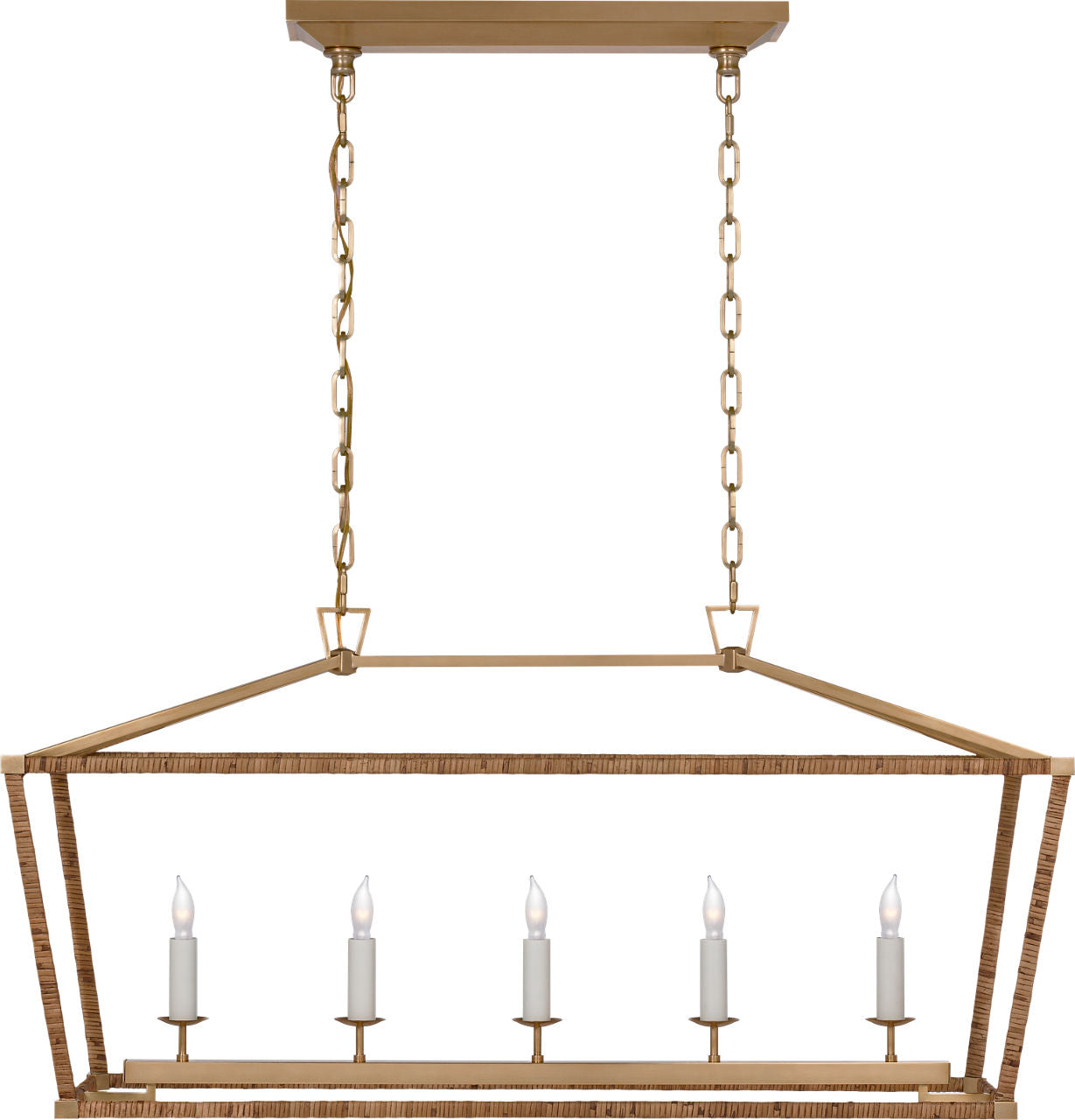 Darlana Medium Rattan Wrapped Linear Lantern | Antique-Burnished Brass and Natural Rattan