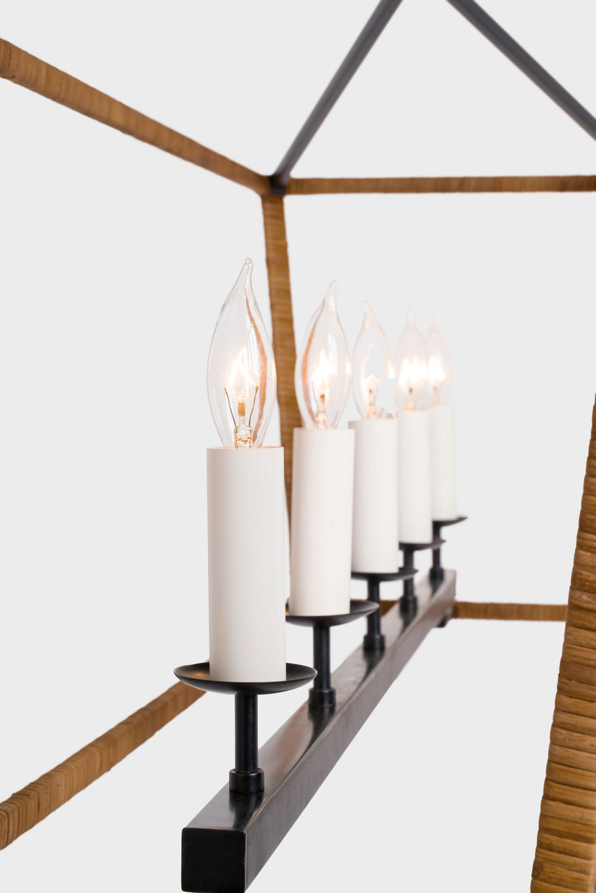 Darlana Medium Rattan Wrapped Linear Lantern | Aged Iron and Natural Rattan