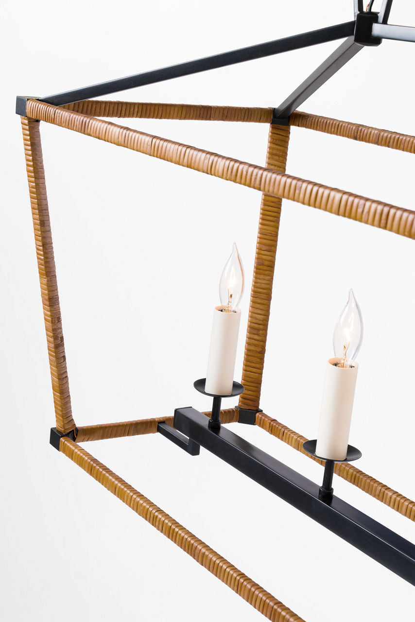Darlana Medium Rattan Wrapped Linear Lantern | Aged Iron and Natural Rattan