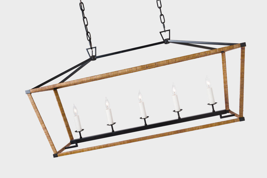 Darlana Medium Rattan Wrapped Linear Lantern | Aged Iron and Natural Rattan