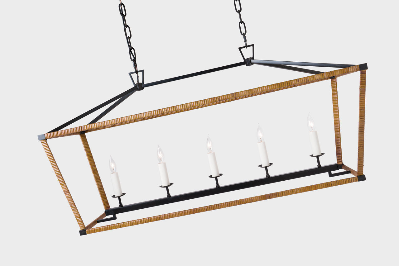 Darlana Medium Rattan Wrapped Linear Lantern | Aged Iron and Natural Rattan