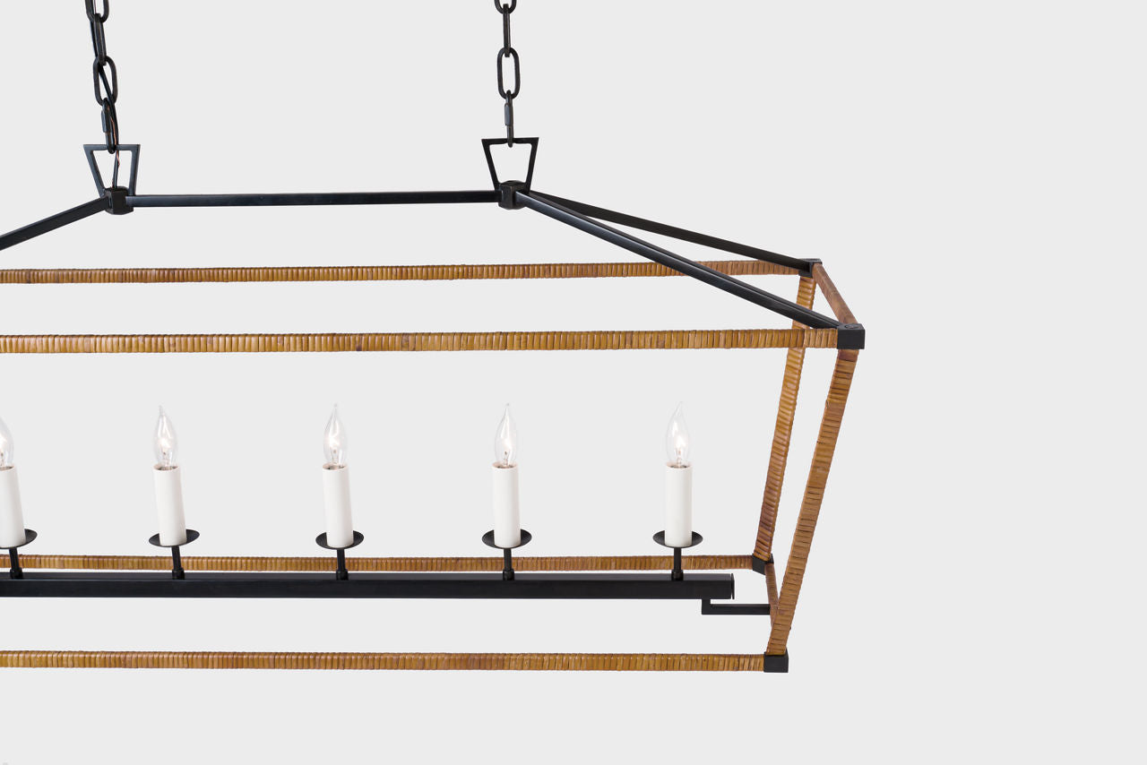 Darlana Medium Rattan Wrapped Linear Lantern | Aged Iron and Natural Rattan