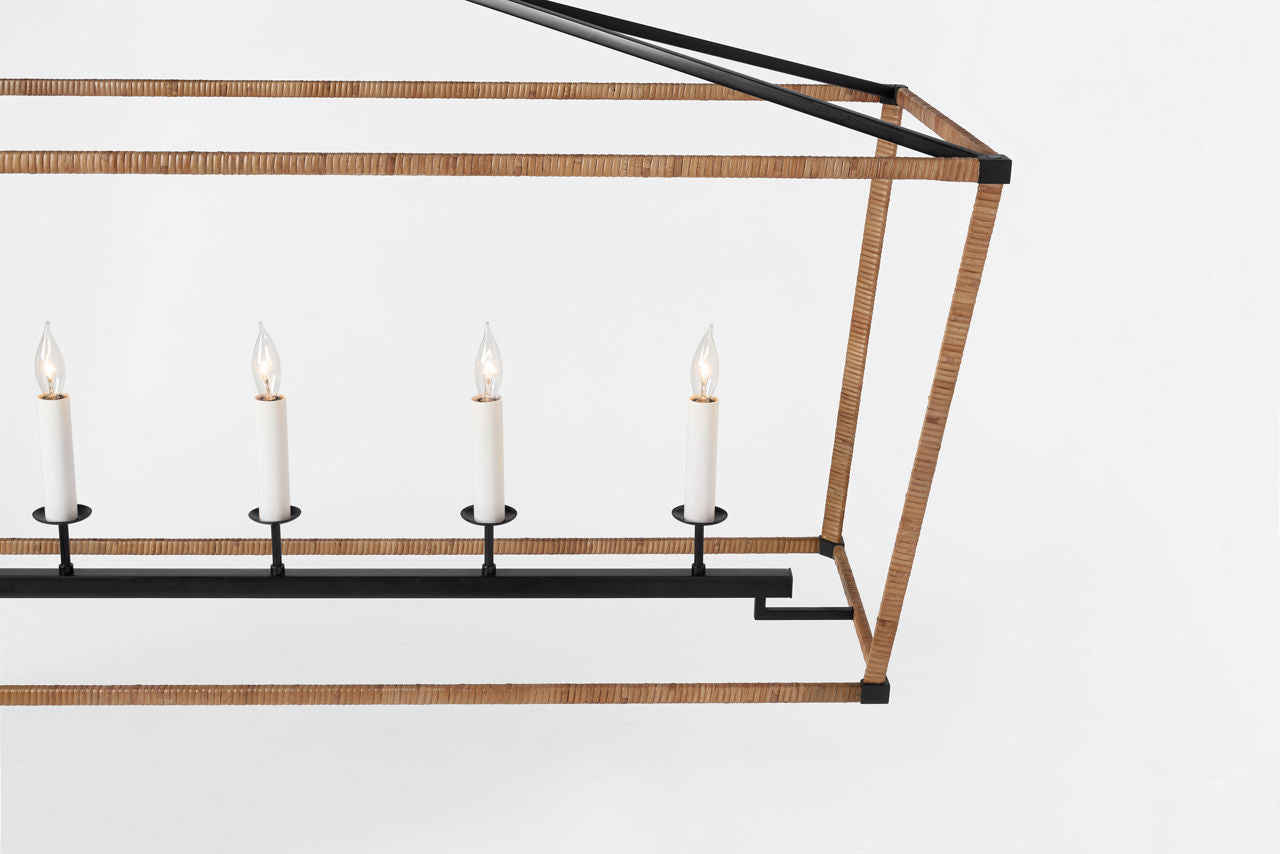 Darlana Large Rattan Wrapped Linear Lantern | Aged Iron and Natural Rattan