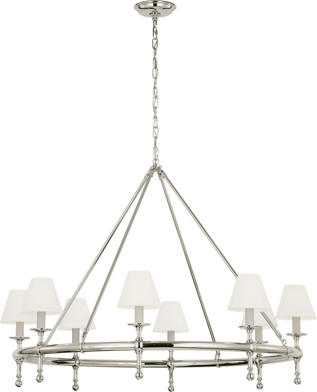 Classic 42" Ring Chandelier | Polished Nickel | Linen Shades