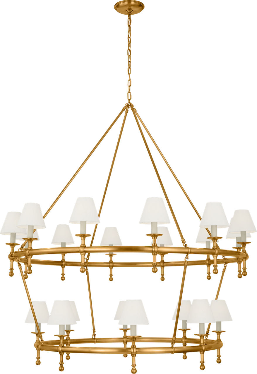 Classic 54" Two-Tier Ring Chandelier | Antique-Burnished Brass | Linen Shades