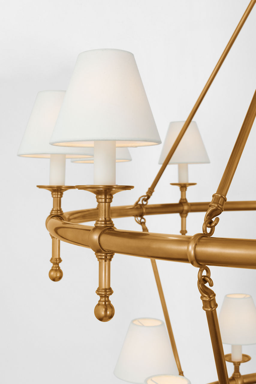 Classic 54" Two-Tier Ring Chandelier | Antique-Burnished Brass | Linen Shades