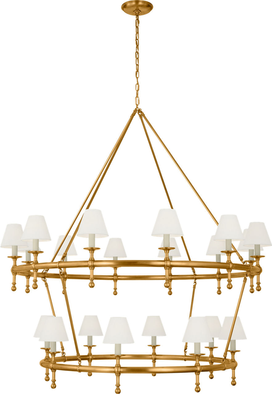 Classic 54" Two-Tier Ring Chandelier | Antique-Burnished Brass | Linen Shades