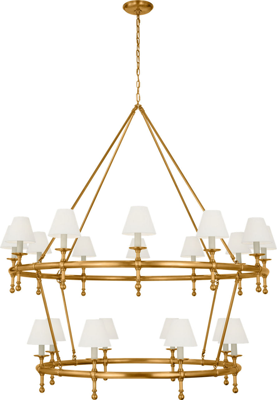 Classic 54" Two-Tier Ring Chandelier | Antique-Burnished Brass | Linen Shades