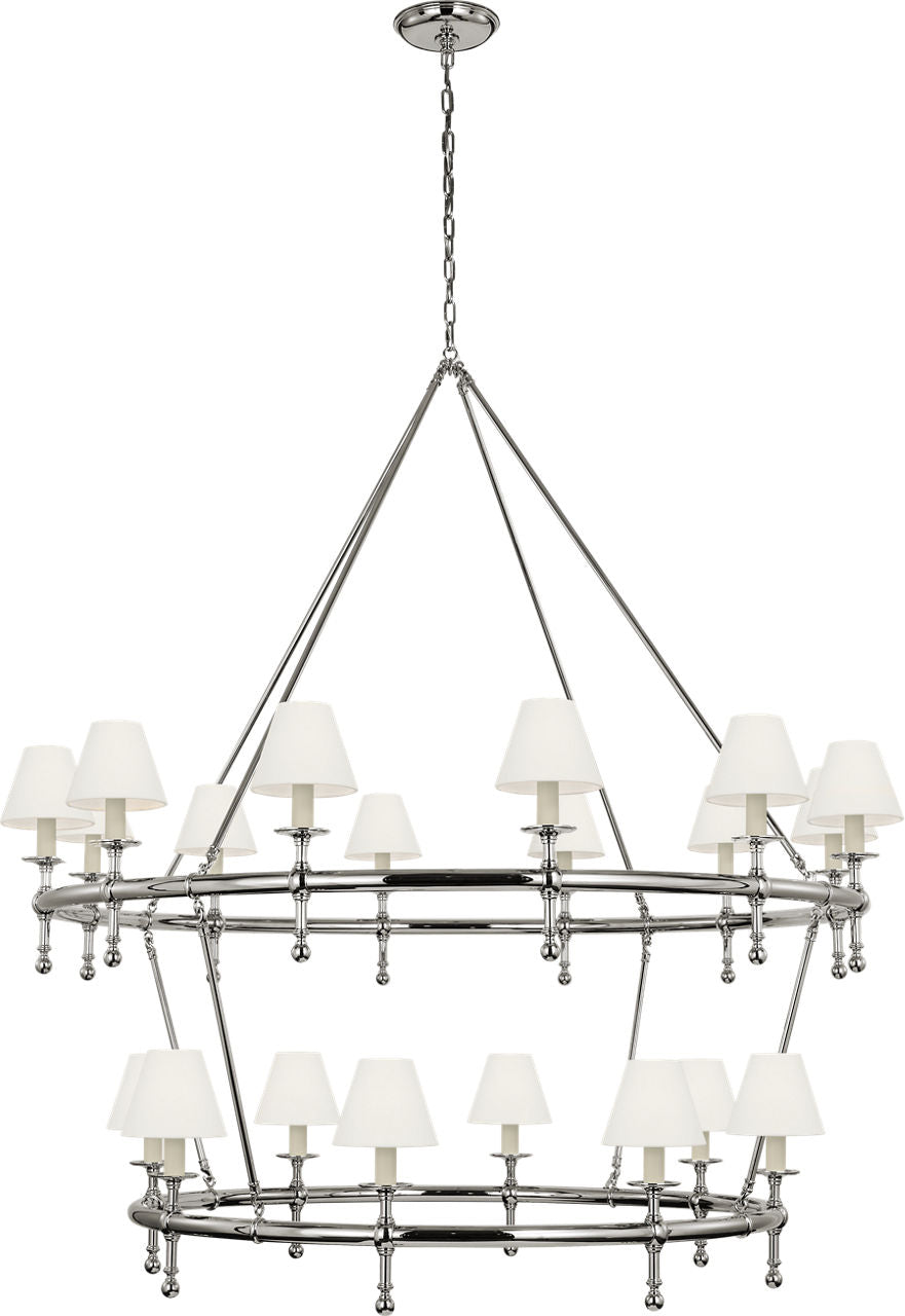 Classic 54" Two-Tier Ring Chandelier | Polished Nickel | Linen Shades