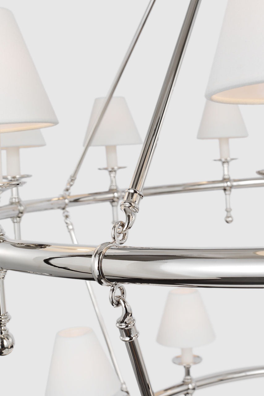 Classic 54" Two-Tier Ring Chandelier | Polished Nickel | Linen Shades