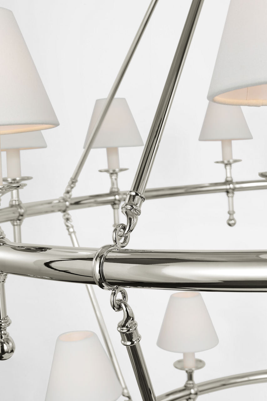Classic 54" Two-Tier Ring Chandelier | Polished Nickel | Linen Shades