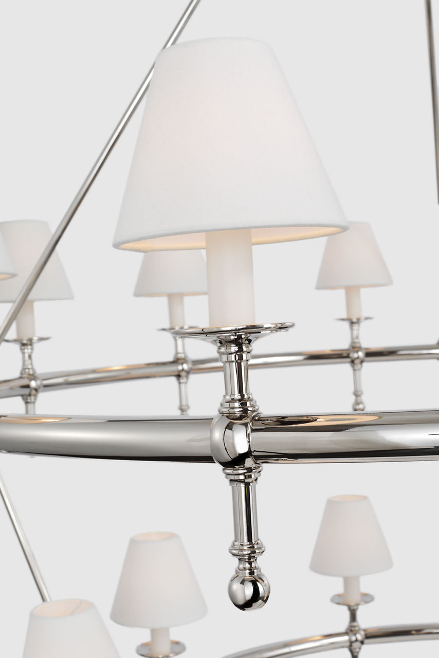 Classic 54" Two-Tier Ring Chandelier | Polished Nickel | Linen Shades