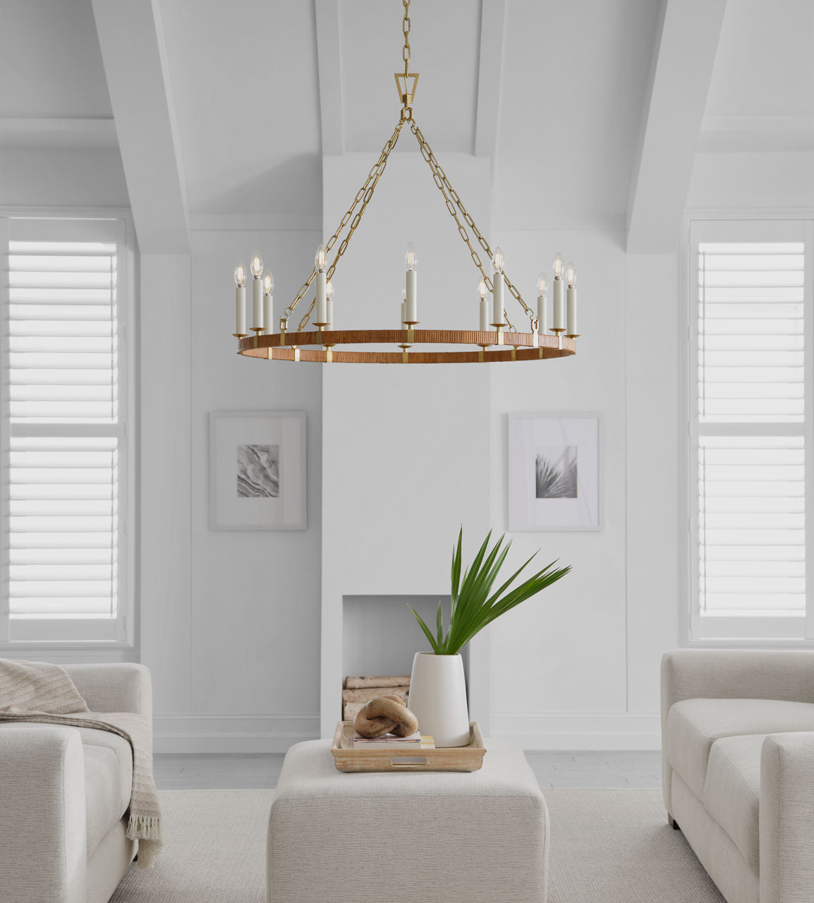 Darlana Large Wrapped Ring Chandelier | Antique-Burnished Brass and Natural Rattan