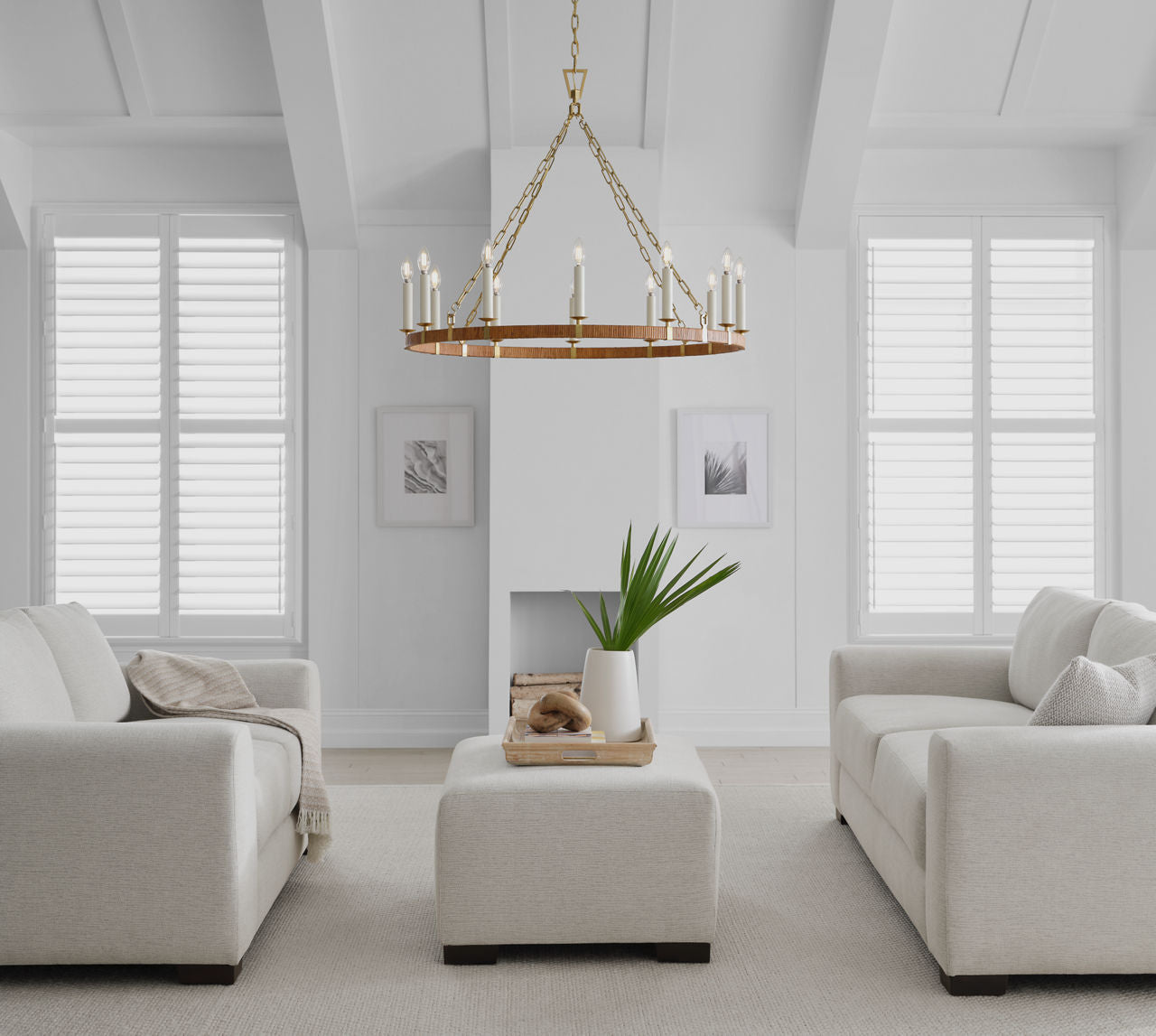 Darlana Large Wrapped Ring Chandelier | Antique-Burnished Brass and Natural Rattan