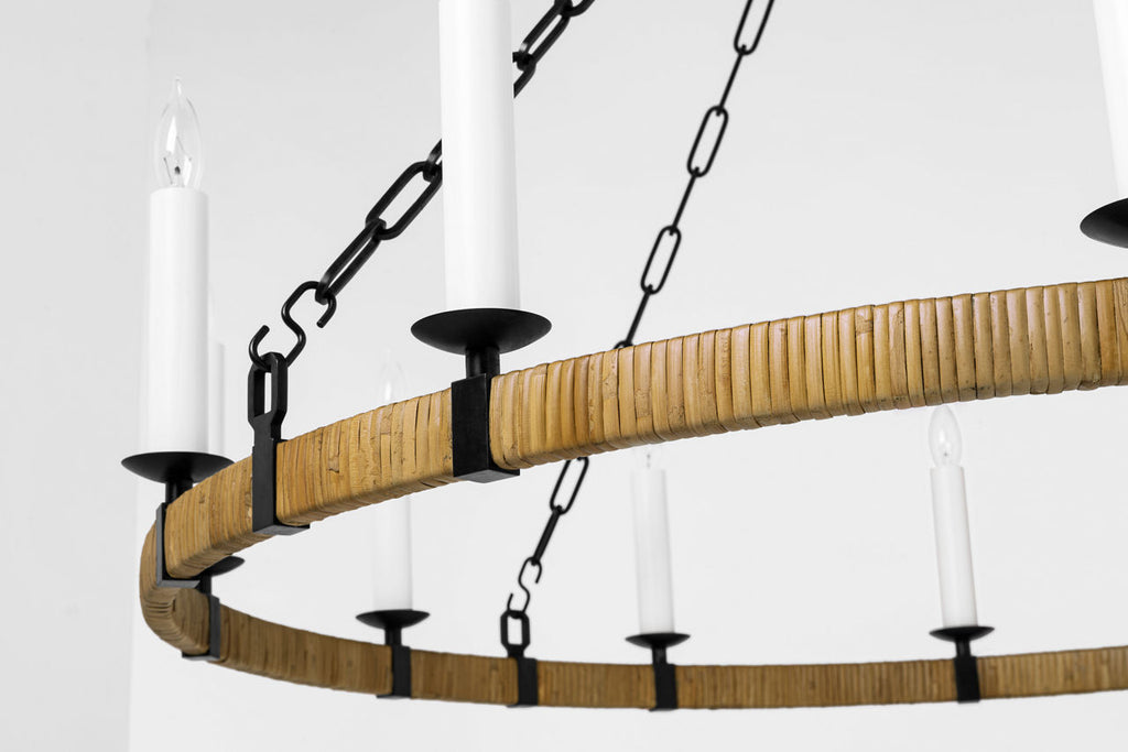Darlana Large Wrapped Ring Chandelier | Aged Iron and Natural Rattan