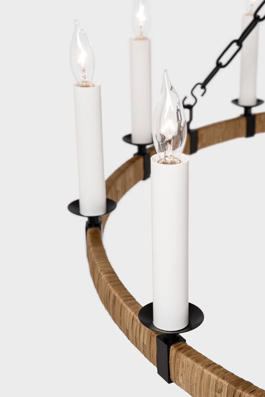 Darlana Large Wrapped Ring Chandelier | Aged Iron and Natural Rattan