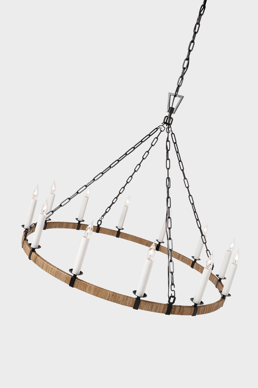 Darlana Large Wrapped Ring Chandelier | Aged Iron and Natural Rattan
