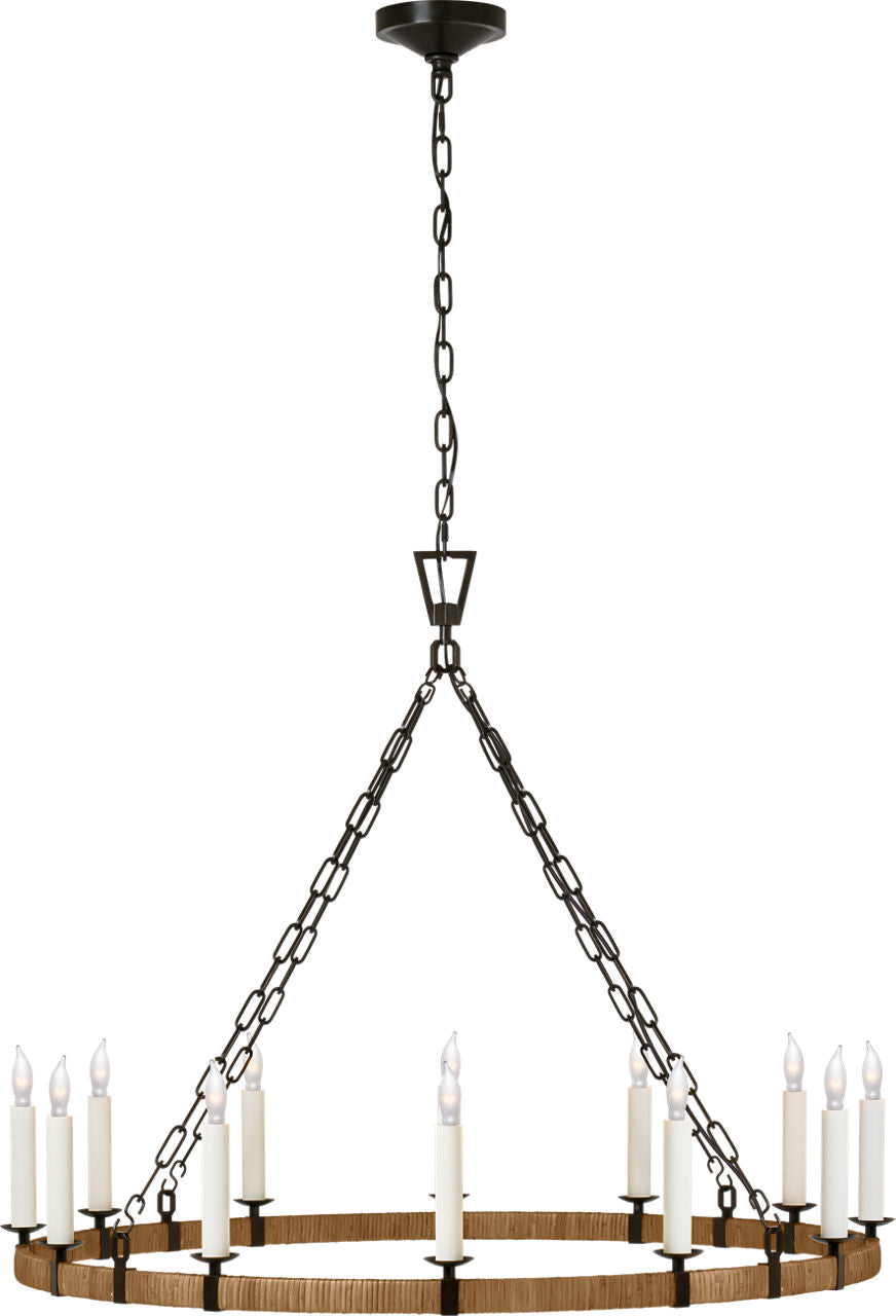Darlana Large Wrapped Ring Chandelier | Aged Iron and Natural Rattan