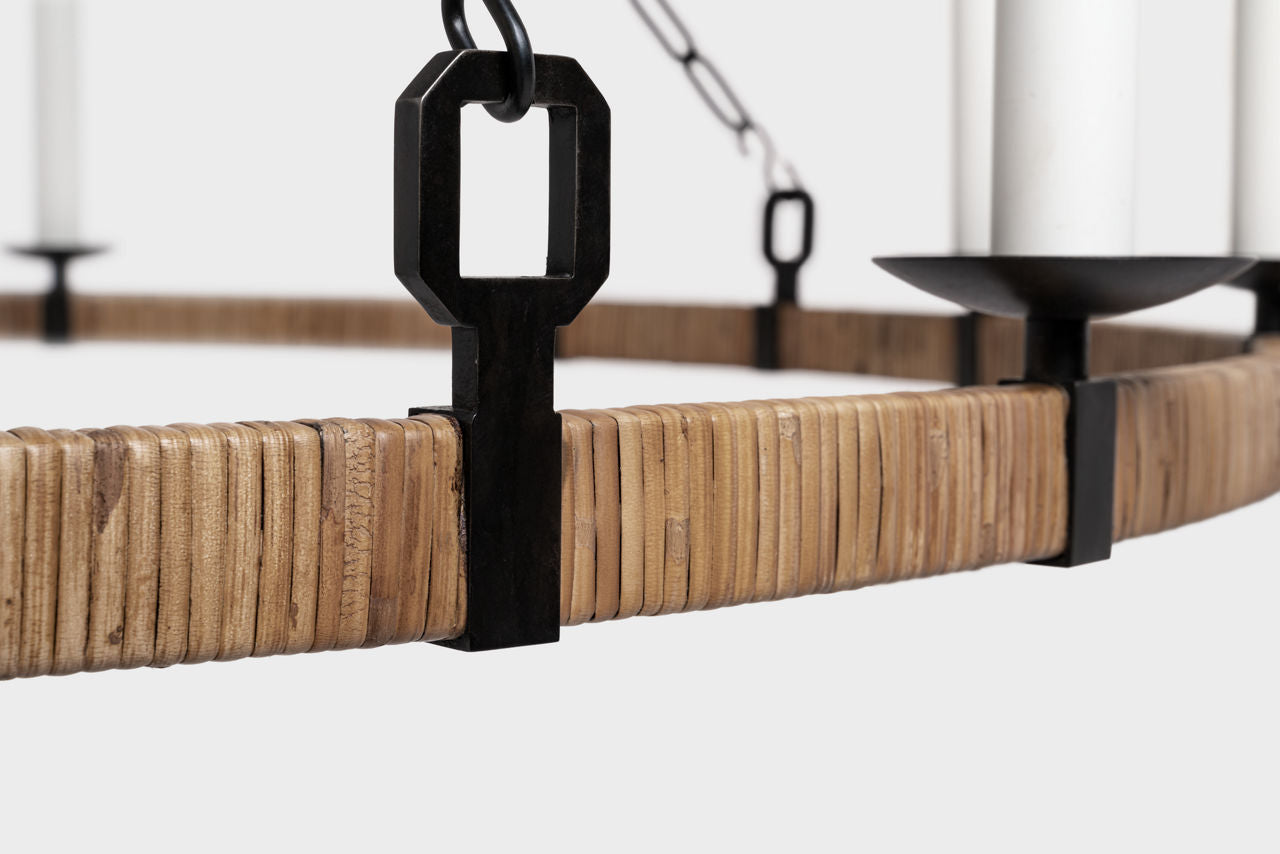 Darlana XL Wrapped Ring Chandelier | Aged Iron and Natural Rattan
