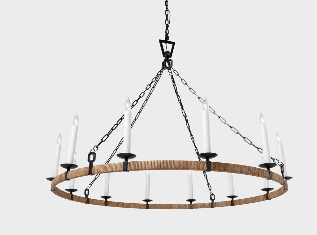 Darlana XL Wrapped Ring Chandelier | Aged Iron and Natural Rattan