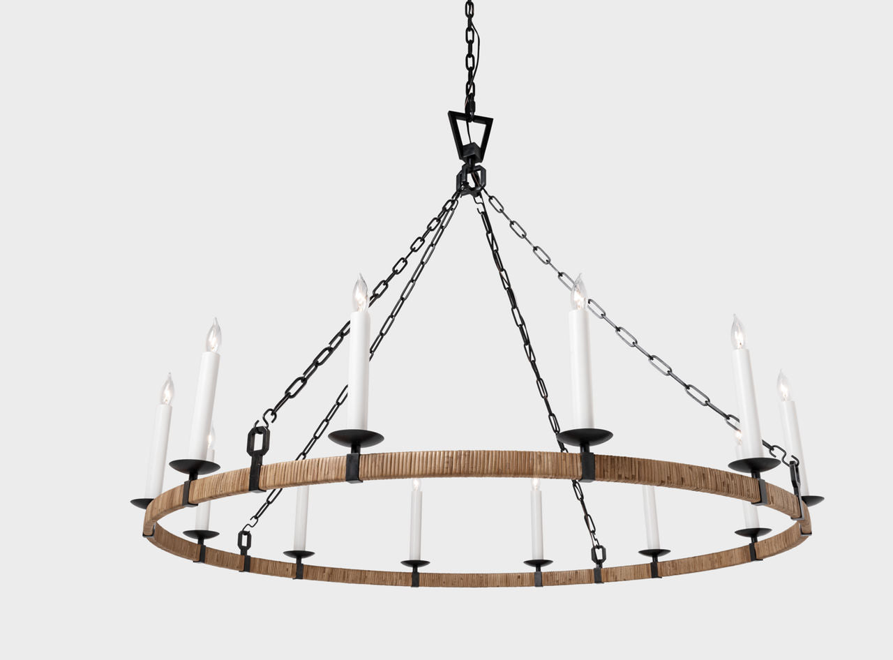 Darlana XL Wrapped Ring Chandelier | Aged Iron and Natural Rattan