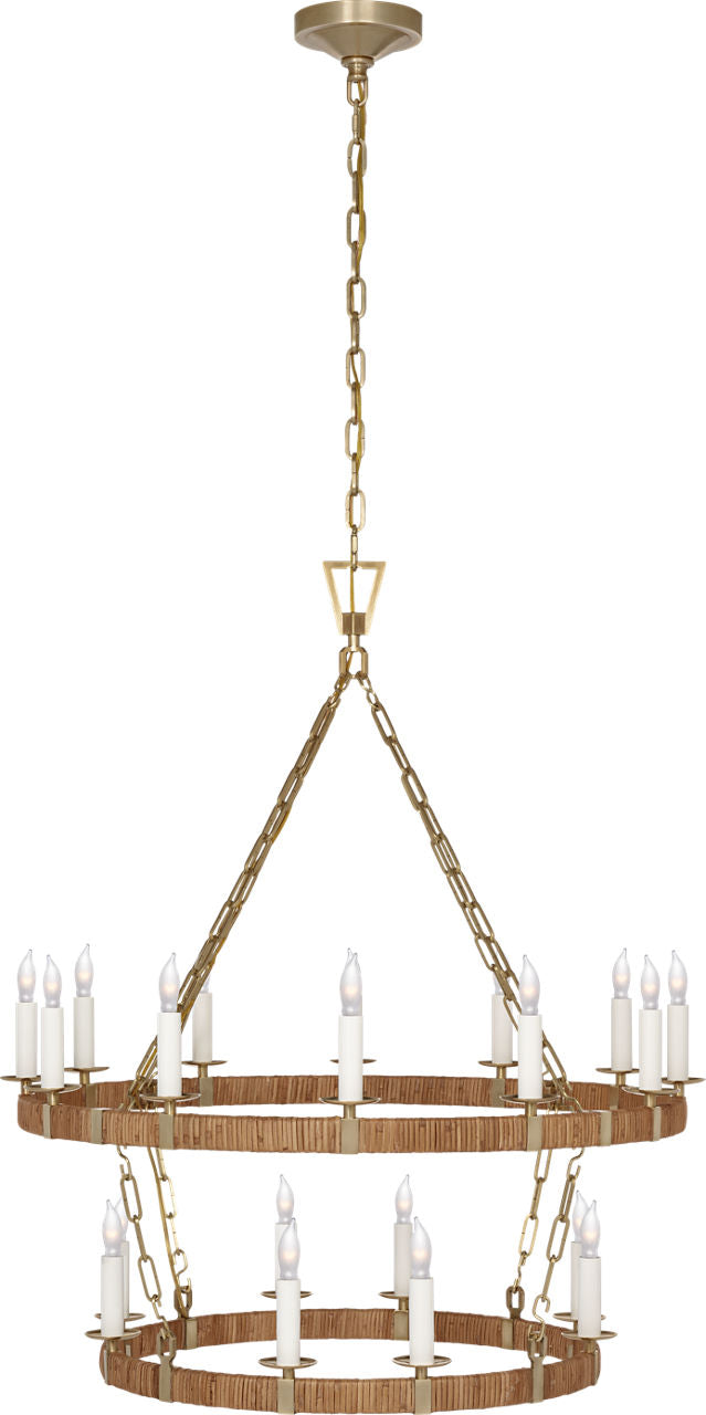 Darlana Medium Two Tier Chandelier | Antique-Burnished Brass and Natural Rattan