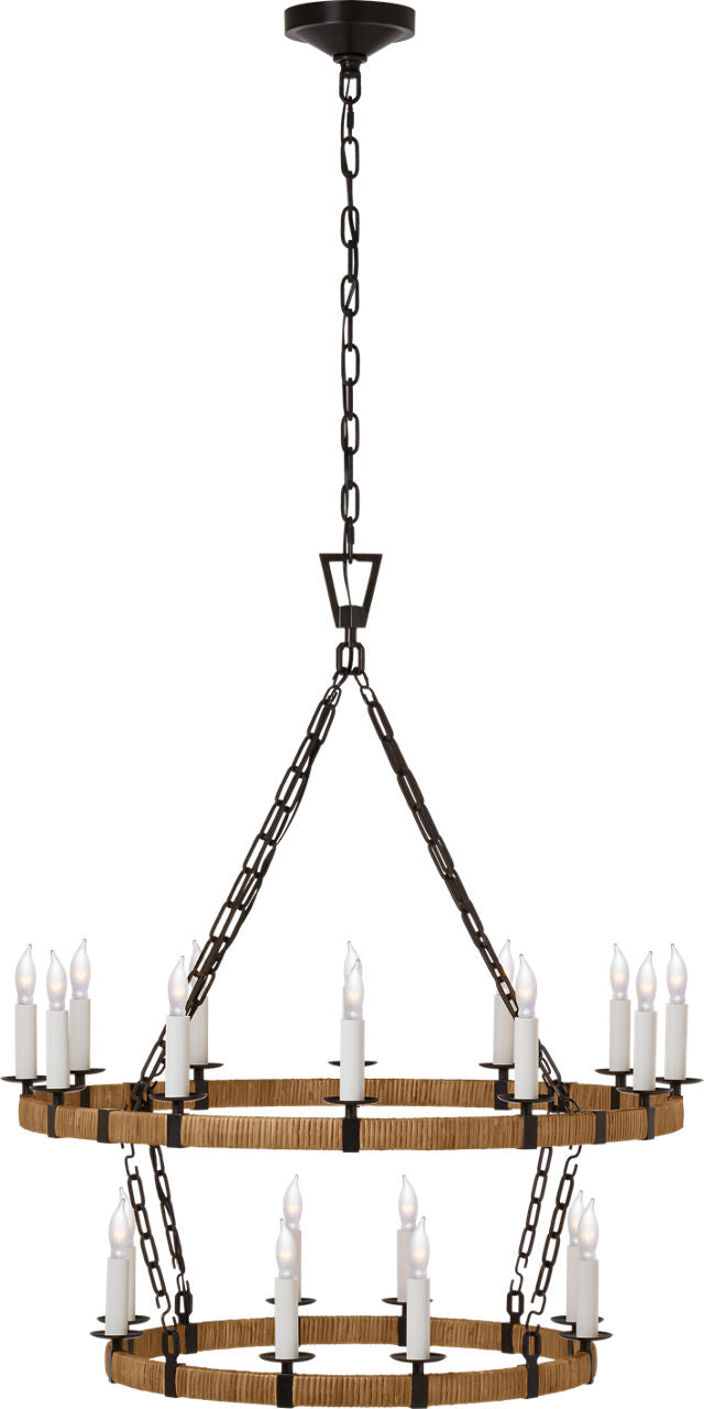 Darlana Medium Two Tier Chandelier | Aged Iron and Natural Rattan