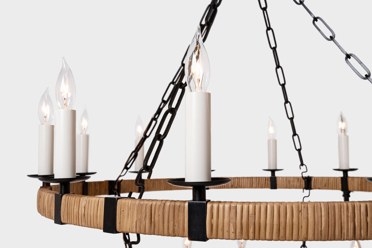 Darlana Medium Two Tier Chandelier | Aged Iron and Natural Rattan