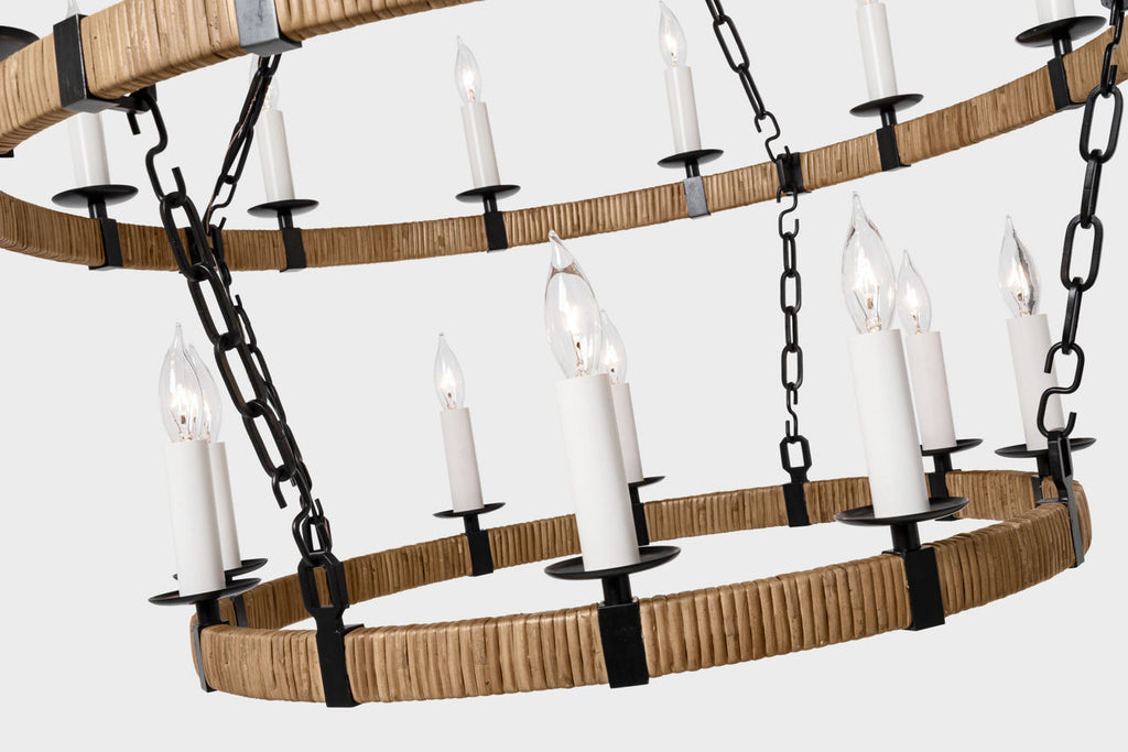 Darlana Medium Two Tier Chandelier | Aged Iron and Natural Rattan