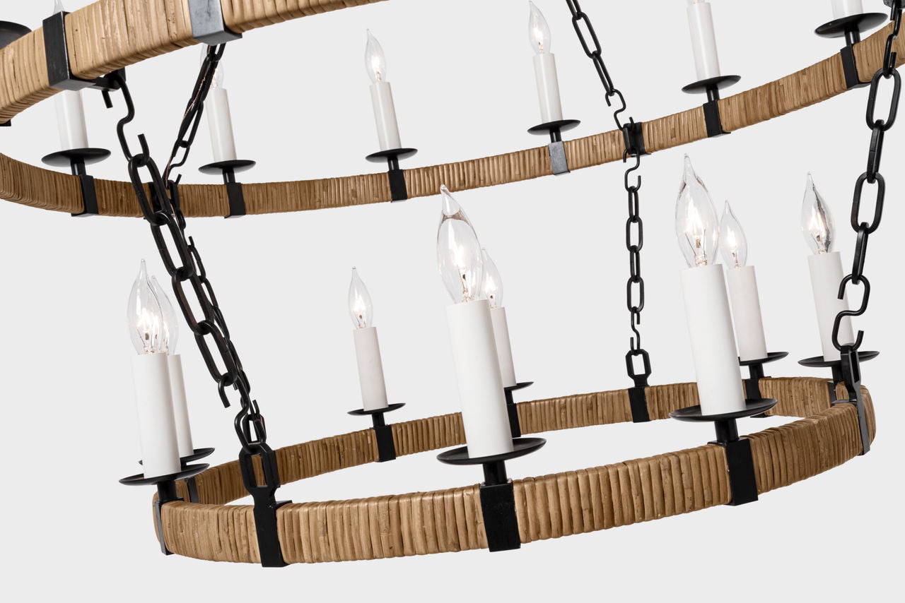 Darlana Medium Two Tier Chandelier | Aged Iron and Natural Rattan