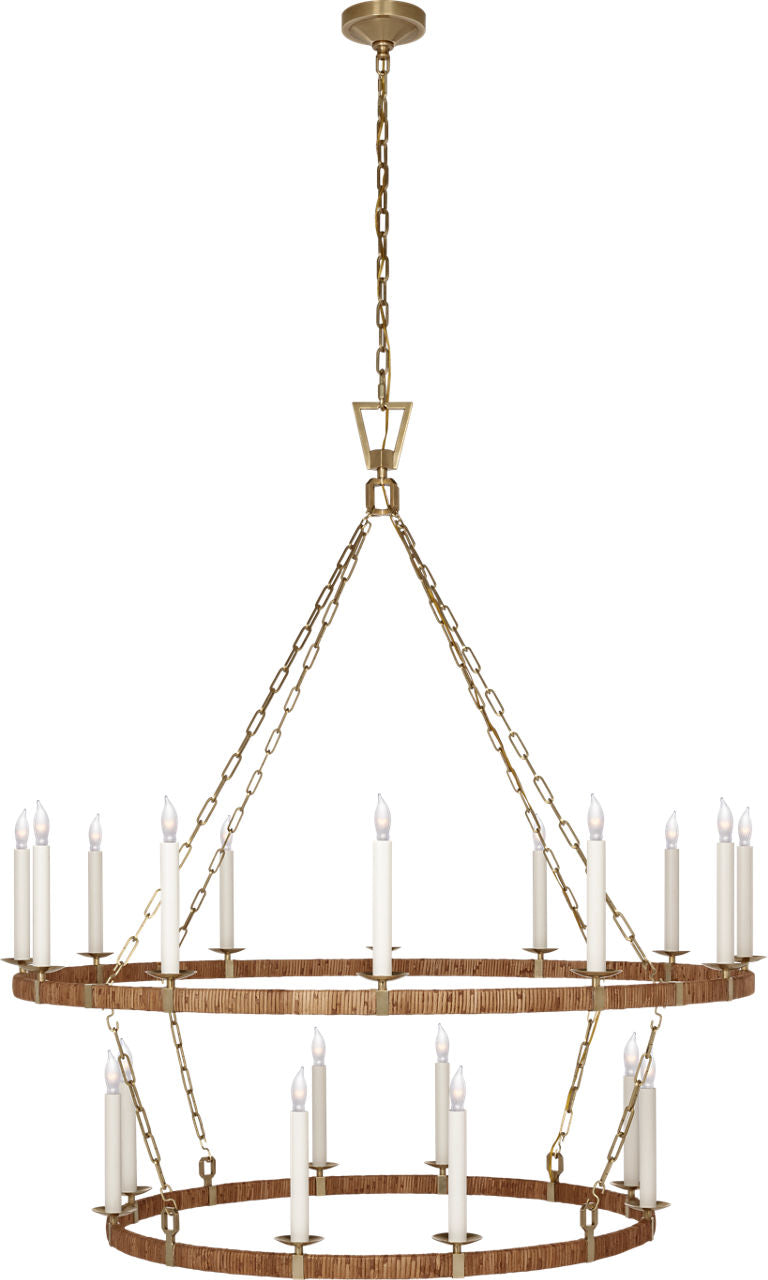Darlana Extra Large Two Tier Chandelier | Antique-Burnished Brass and Natural Rattan
