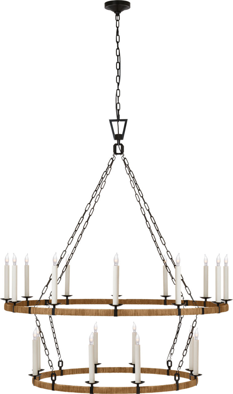 Darlana Extra Large Two Tier Chandelier | Aged Iron and Natural Rattan