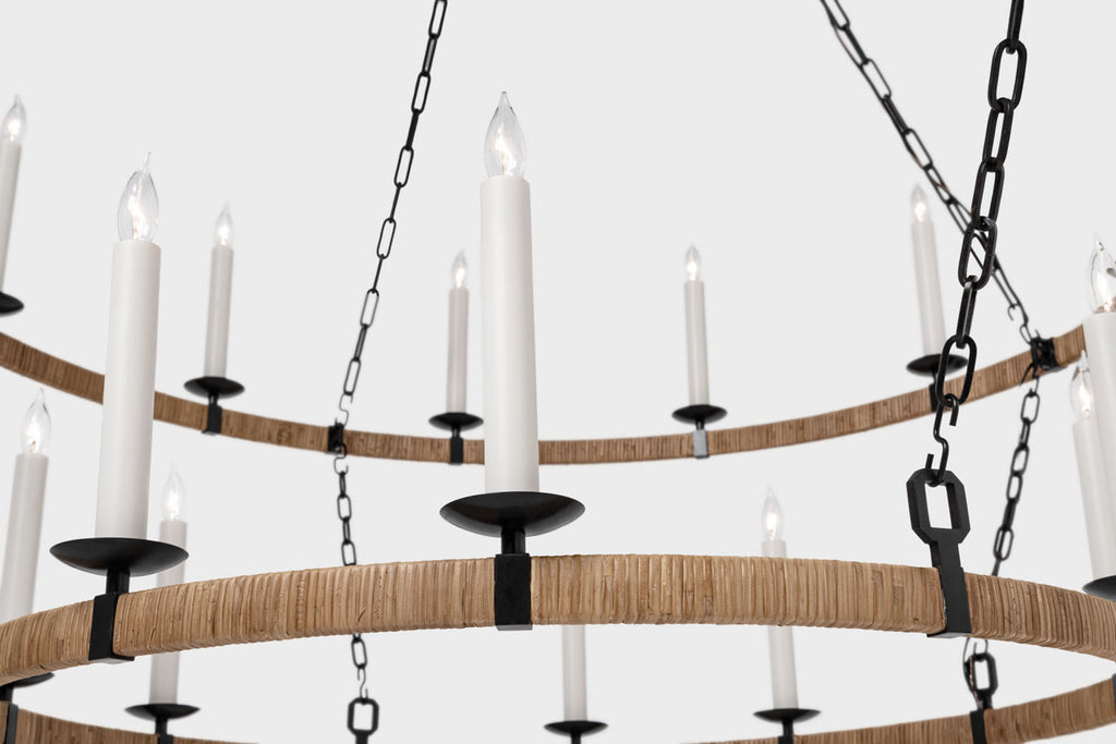 Darlana Extra Large Two Tier Chandelier | Aged Iron and Natural Rattan